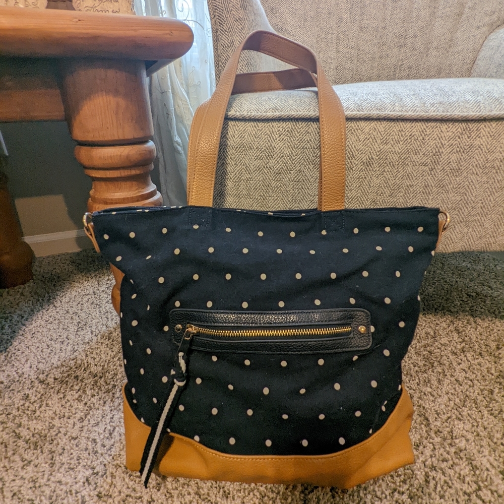 Navy Polka Dot and Brown Patent Leather Tote Purse 13x13"